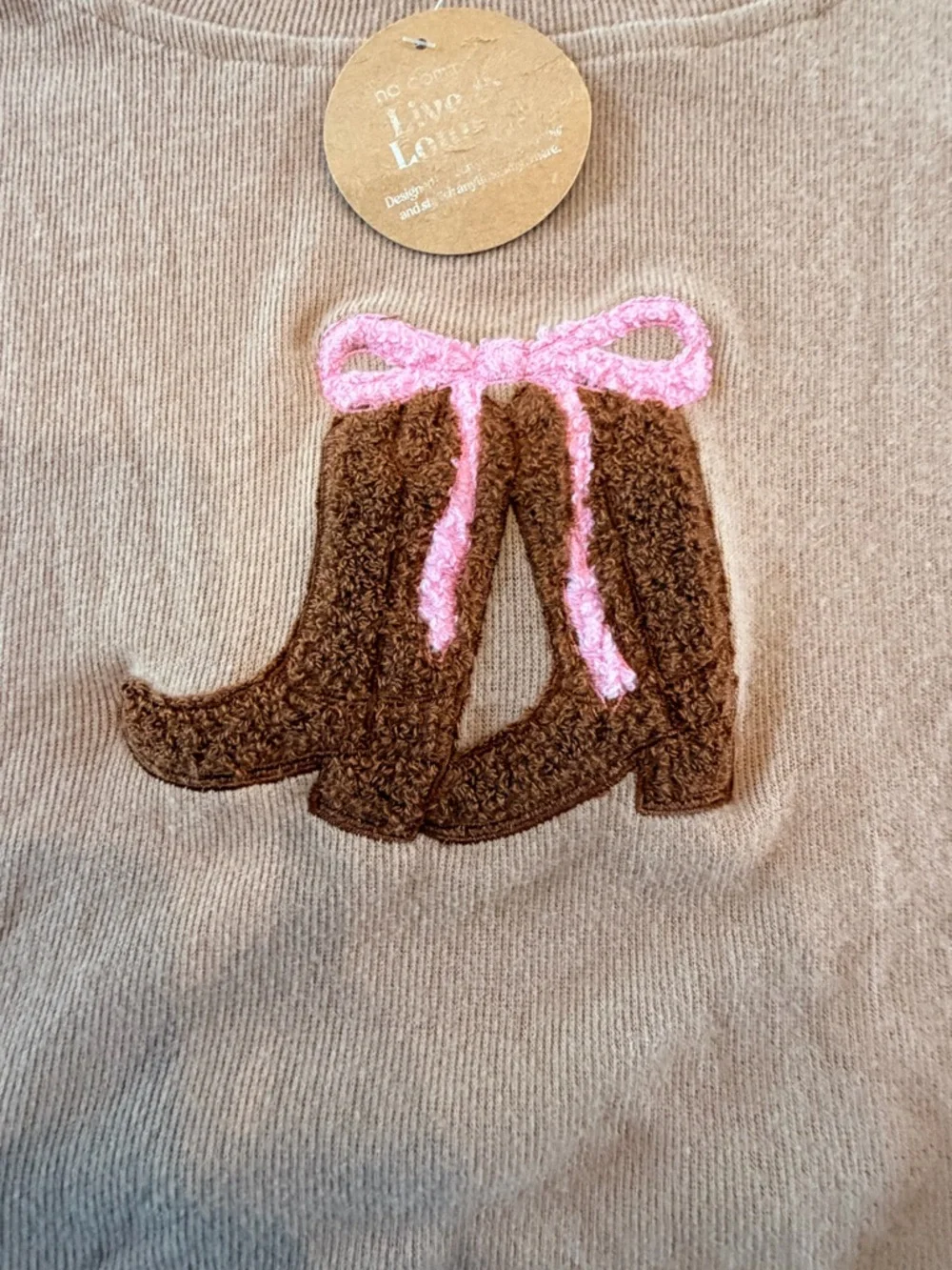 NWT No Comment Western Boots Graphic Sweatshirt Tan Cowgirl Top Large - Picture 3 of 10